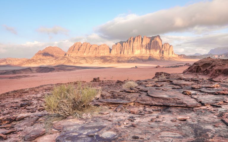 red-sandstone-rocks-formations-with-few-dry-shrubs-or-bushes-in-wadi-rum-also-known-as-valley-of-the-moon-desert-jordan-morning-sun-shines-to-mountains-background